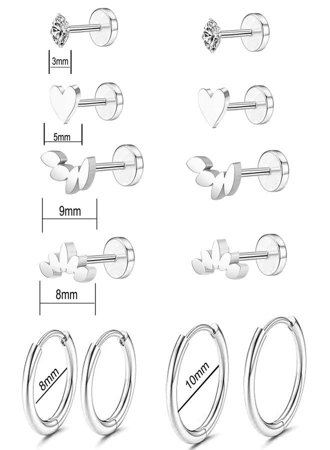 SERYNOW 14k Gold Plated Stud Earrings Set for Women, 20g Cartilage Earrings, Minimalist Small Huggie Hoop Earrings Set for Multiple Piercing (Silver 6 Pairs Set) - Image 4